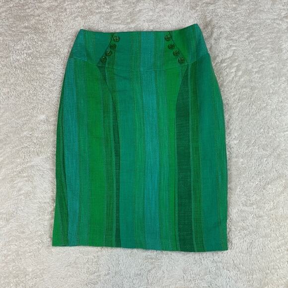 Eva Franco Anthro green striped waist button detail tween pencil skirt, 2 - Picture 4 of 9